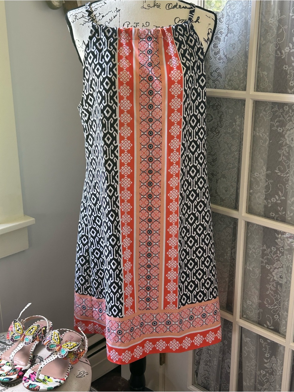 Sleeveless Navy & Coral Patterned Shift Dress